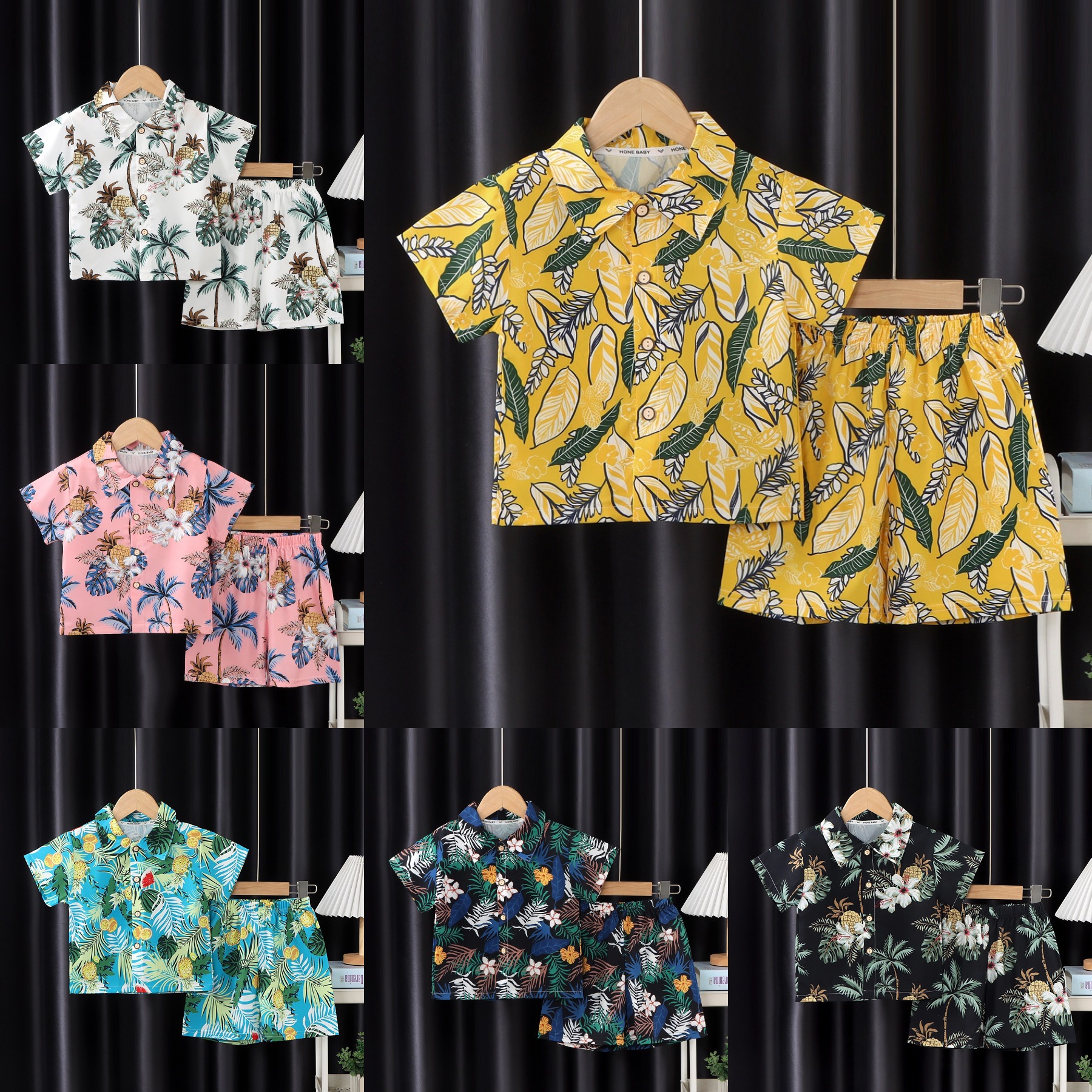 2025儿童沙滩短袖衬衫套装男女童宽松花衬衫度假风短袖短裤两件套