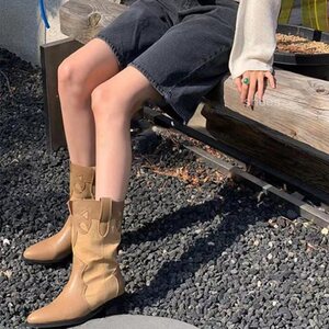 网红西部牛仔靴子夏薄款女韩国时尚拼接尖头复古显瘦粗跟中筒短靴