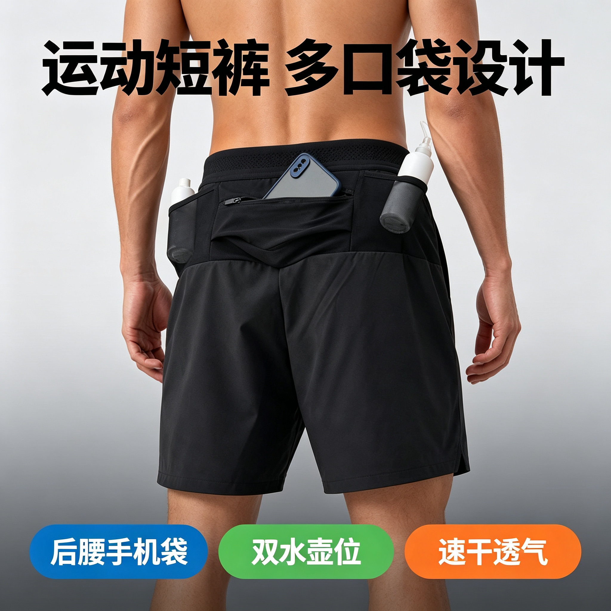 疯狂肌肉男士户外健身跑步运动休闲五分速干后腰多口袋松紧腰短裤