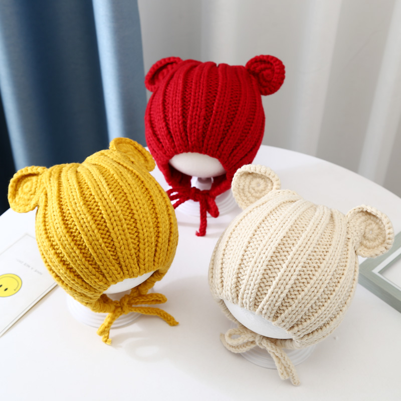 婴儿帽子新生男女0-3个毛线护耳