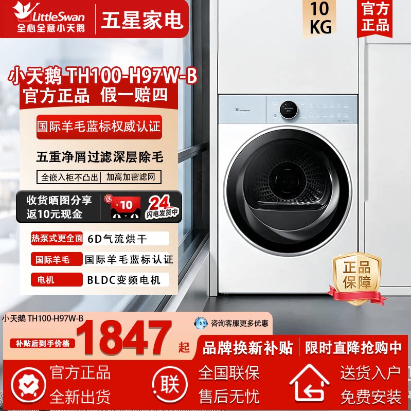 Littleswan/小天鹅 TH100-H97W-B蓝氧10KG纯平全嵌小乌梅干衣机