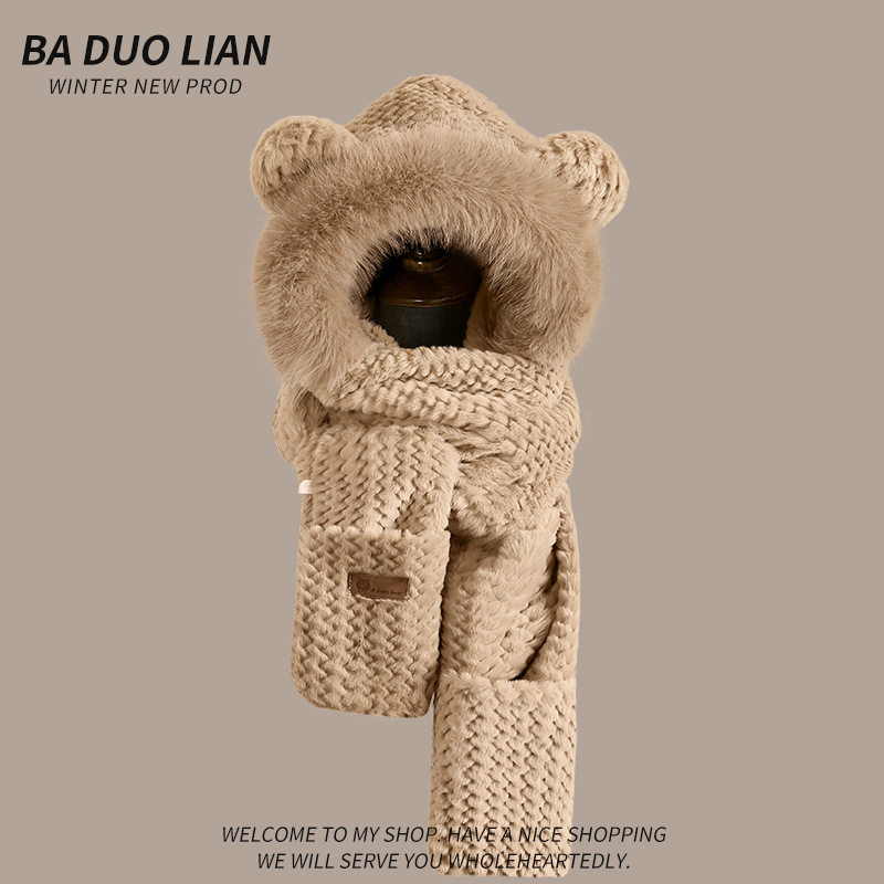 新款针织帽子女冬季毛绒可爱小熊套头帽围巾手套一体连帽防寒围脖