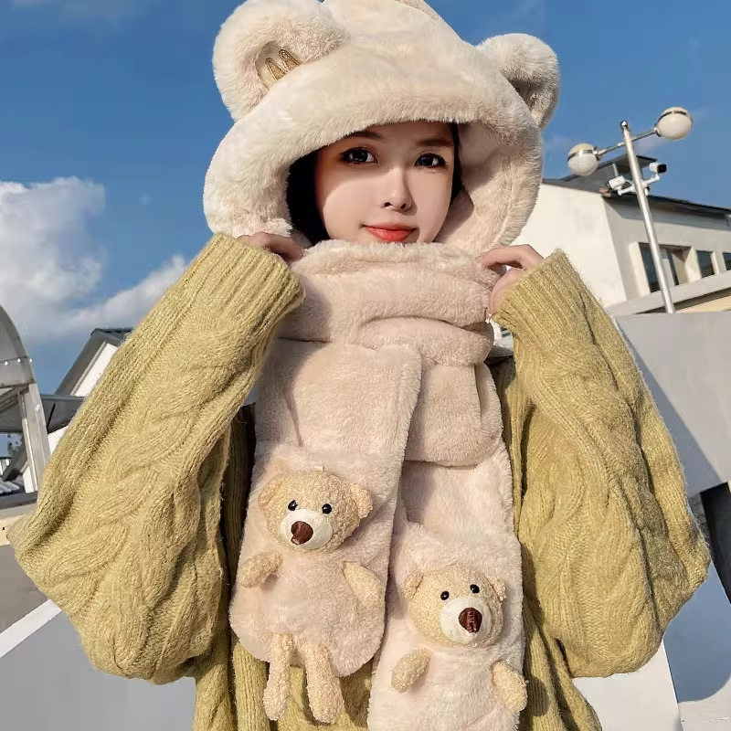 小熊帽子女冬季围巾手套一体毛绒冬天保暖百搭三件套骑电动车连帽