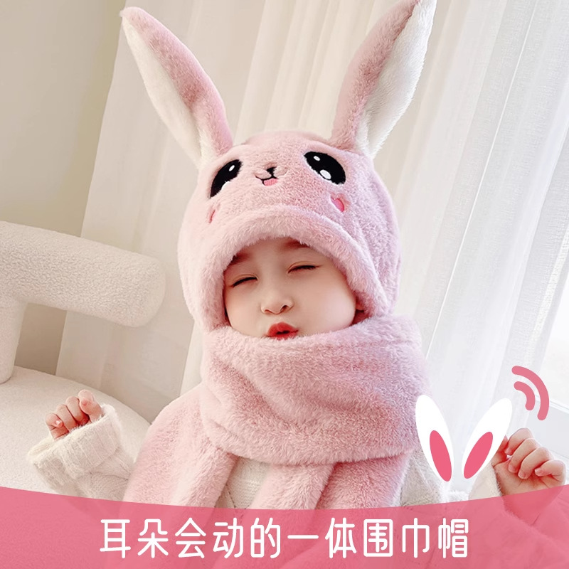 儿童帽子秋冬季女会动的兔耳朵帽
