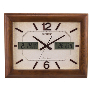 金钟宝GUTEN简约客厅实木静音长方形挂钟万年历温湿度