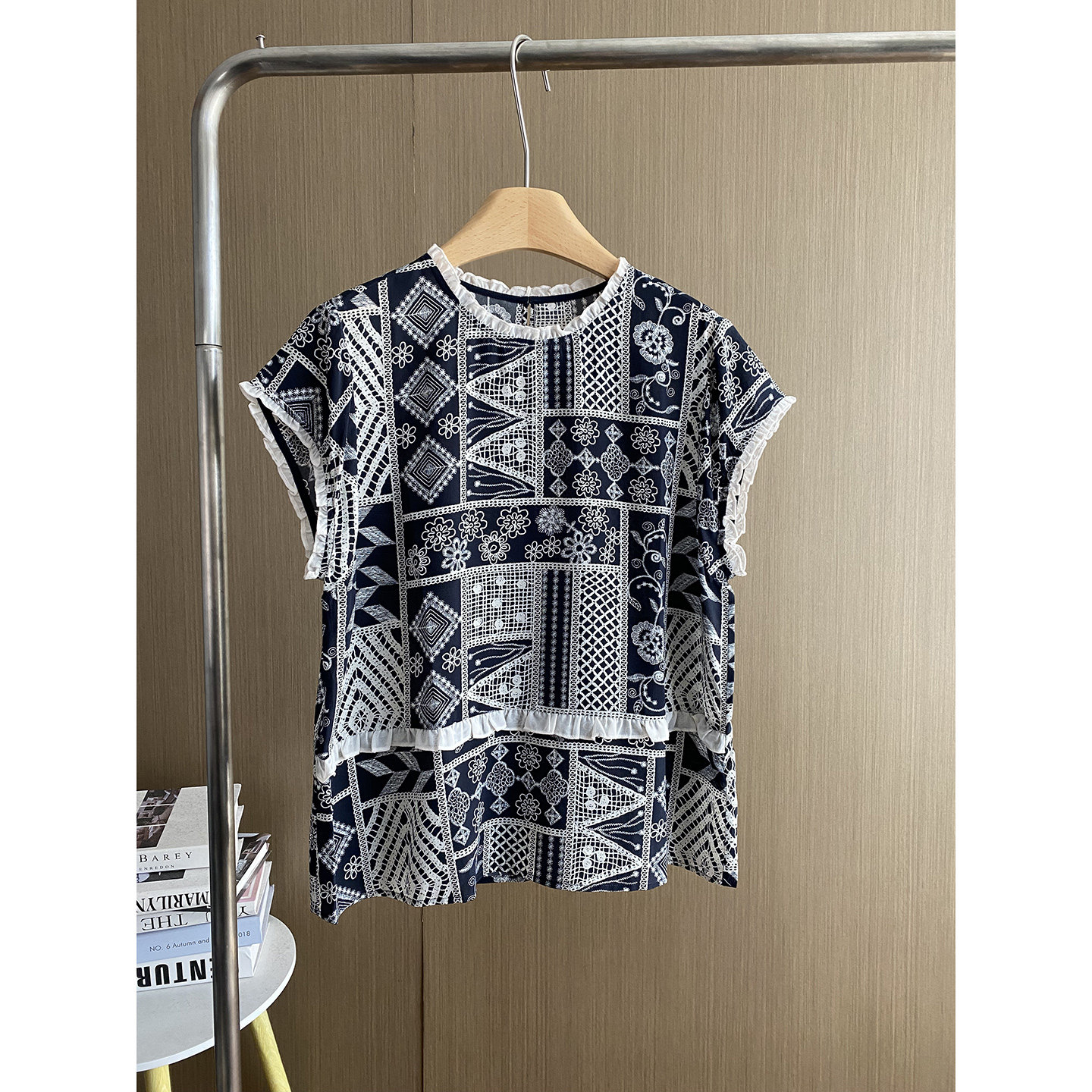 欧洲站复古印花短袖真丝T恤女2026夏圆领显瘦气质通勤桑蚕丝上衣