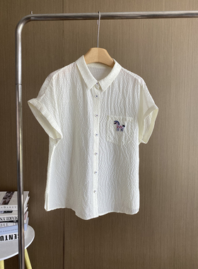 商场同款法式简约白色短袖真丝衬衫女POLO领刺绣设计感显瘦上衣