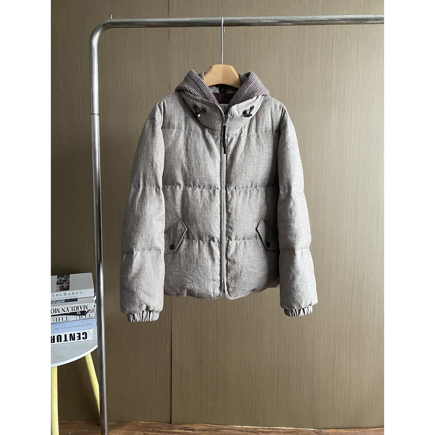 高端连帽亚麻面料鹅绒羽绒服女