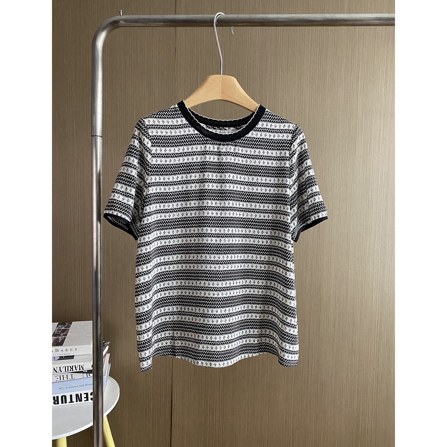 欧洲站复古条纹印花短袖真丝T恤女2026夏圆领通勤宽松桑蚕丝上衣