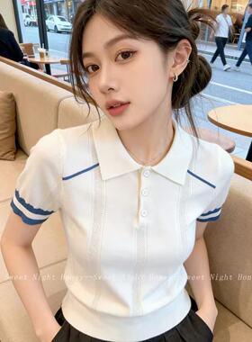 【小四粉丝专享】A596撞色翻领短袖针织衫女百搭减龄上衣