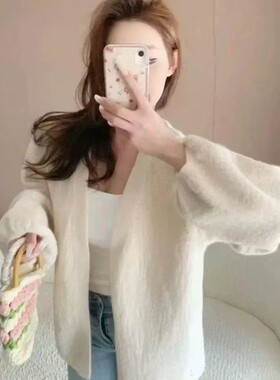 【小四粉丝专享】A024树皮纹工艺泡泡袖v领针织开衫女宽松慵懒风