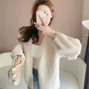 v领针织开衫 A024树皮纹工艺泡泡袖 女宽松慵懒风 小四粉丝专享