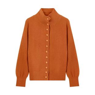 女秋冬毛衣外套修身 A229橘色高领多纽扣针织开衫 小四粉丝专享