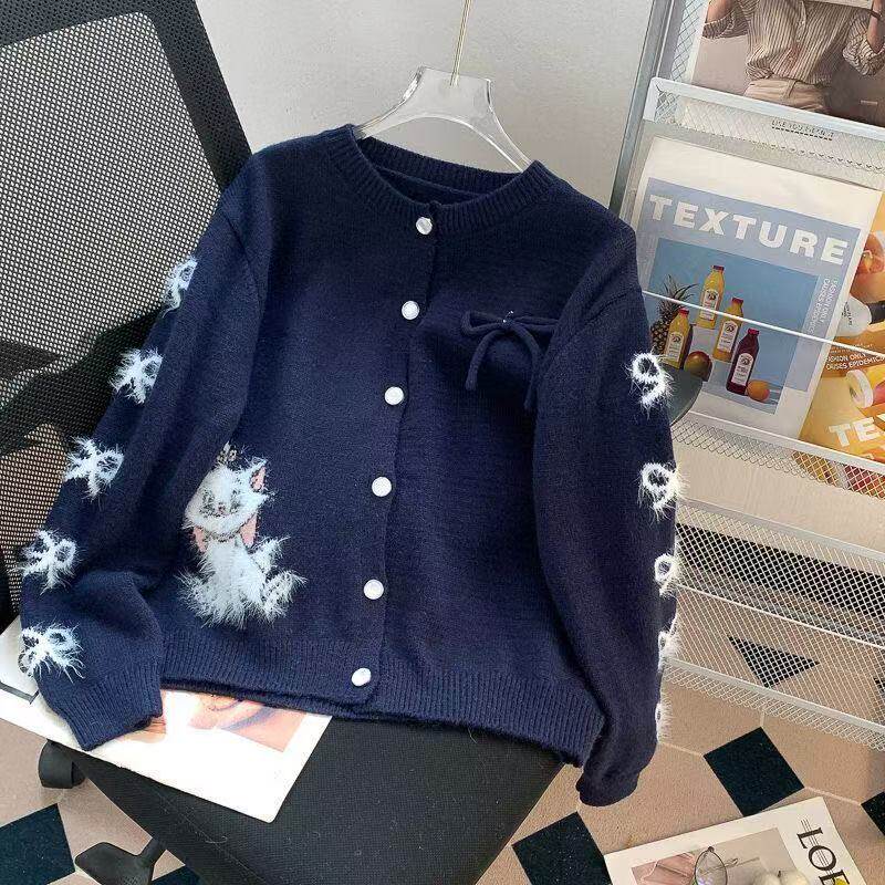 【专柜大上新】A070小猫刺绣针织开衫女蝴蝶结宽松百搭毛衣