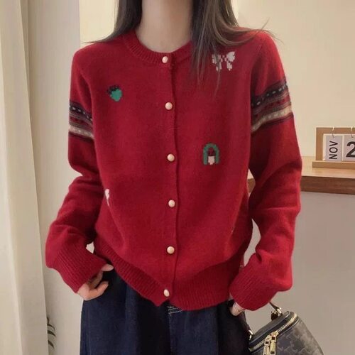【小四粉丝专享】A211刺绣针织开衫女宽松减龄毛衣外套