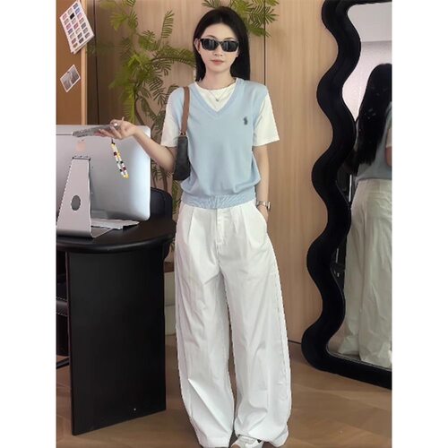 【小四粉丝专享】A506蓝色假两件V领针织衫女夏季薄款显瘦学院风