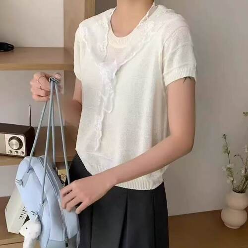 【小四粉丝专享】A456法式蕾丝披肩圆领短袖针织衫女夏百搭上衣