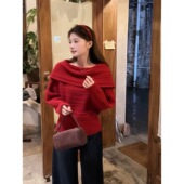 A318新年红色一字肩麻花针织衫 小四粉丝专享 红色毛衣