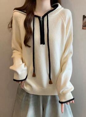 【小四粉丝专享】A306撞色连帽半拉链针织衫女长袖宽松毛衣