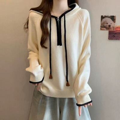 【小四粉丝专享】A306撞色连帽半拉链针织衫女长袖宽松毛衣