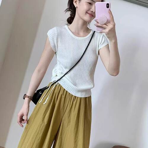 【小四粉丝专享】A517韩系抽绳圆领针织短袖女夏季修身百搭上衣