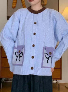 【小四粉丝专享】A146韩系蝴蝶结口袋圆领针织开衫