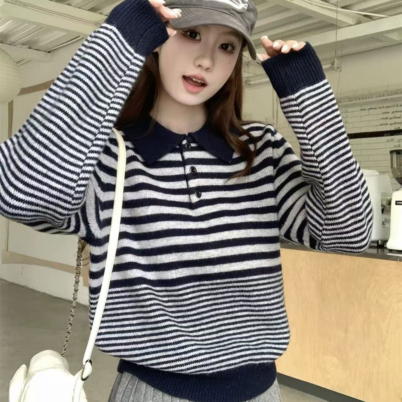 【小四粉丝专享】A239韩系撞色条纹POLO领针织衫女长袖毛衣上衣