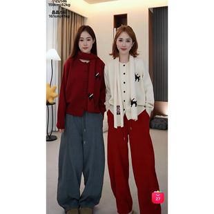 女红色百搭外套 A287学院风圆领小狗刺绣针织开衫 小四粉丝专享