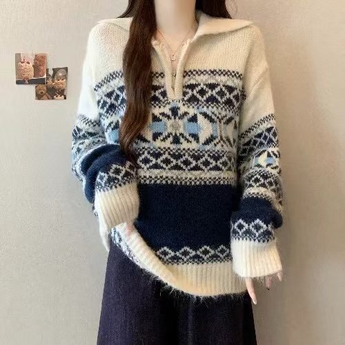 【小四粉丝专享】A354费尔岛风半拉链翻领毛衣宽松慵懒针织衫上衣,女装/女士精品,毛针织衫,淘宝优惠券,粉丝福利购,淘宝优惠卷