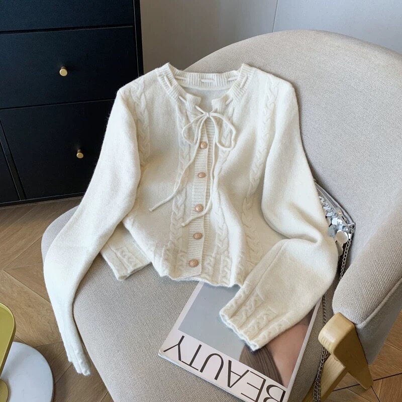 【专柜大清仓】A378温柔风蝴蝶结系带麻花针织开衫女软糯毛衣外套