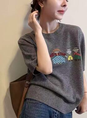【小四粉丝专享】A535卡通刺绣短袖针织衫女圆领套头百搭显瘦上衣