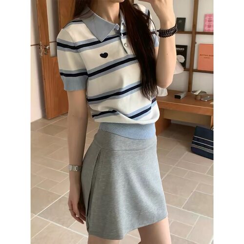 【小四粉丝专享】A594条纹POLO领短袖针织衫女套头上衣夏季新款