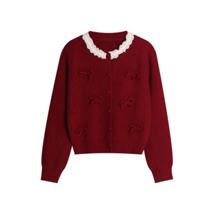 温柔蝴蝶结蕾丝花边圆领短款 A411韩版 毛衣开衫 小四粉丝专享