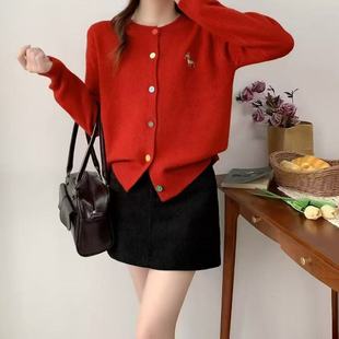 刺绣小狗针织开女红色毛衣外套 A257韩版 小四粉丝专享