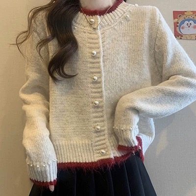 【小四粉丝专享】A178法式小香风撞色针织开衫女钉珠排扣百搭毛衣