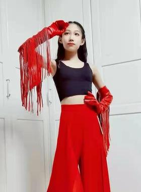 跳舞蹈进口COQUETTE炫酷朋克风长流苏装饰红色黑色PU仿皮超长手套