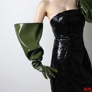 拍照长手套大袖子蓬蓬袖泡泡袖仿皮男女漆皮军绿色橄榄绿彩色皮