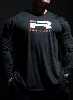 IR健身长袖T恤男宽松大码美式弹力正肩训练运动内搭打底圆领上衣
