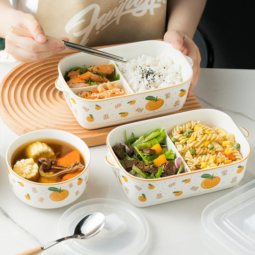 陶瓷分格饭盒微波炉加热上班族
