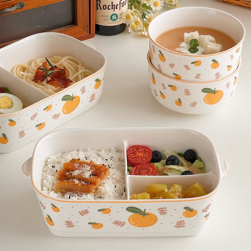 日式卡通陶瓷分格饭盒微波炉加热