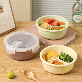 奶黄饭盒陶瓷分格碗三格分格饭盒成人加深分隔上班族食堂打饭