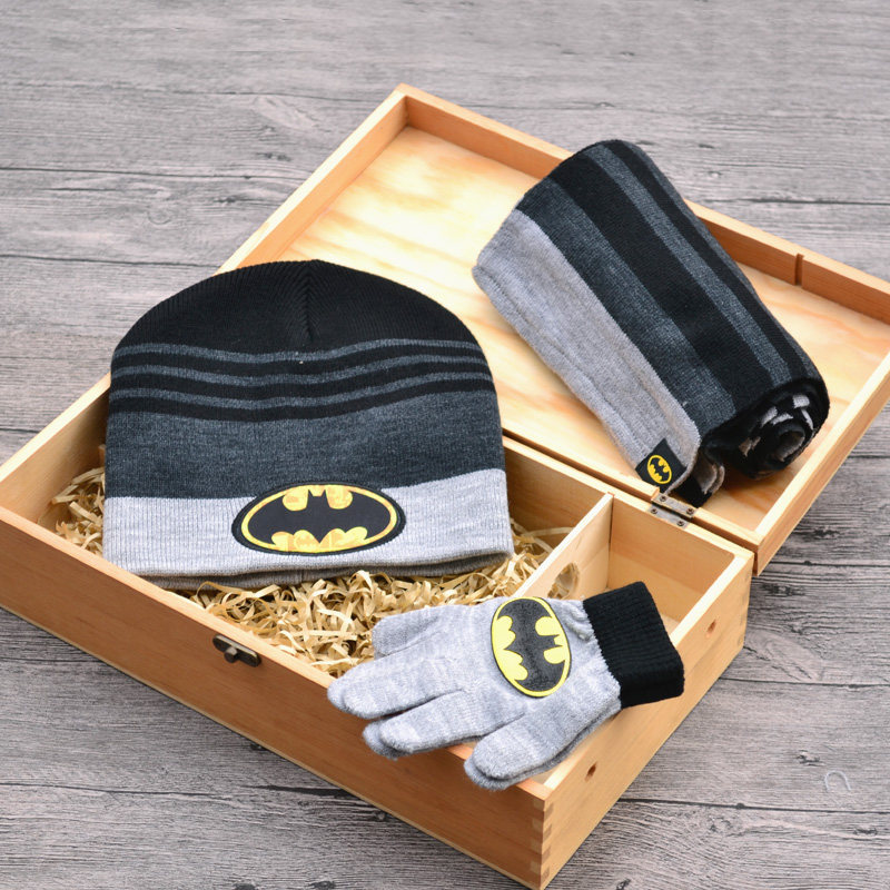 清仓漫威秋冬保暖帽子围巾手套三件套儿童蝙蝠侠宝宝针织套头线帽