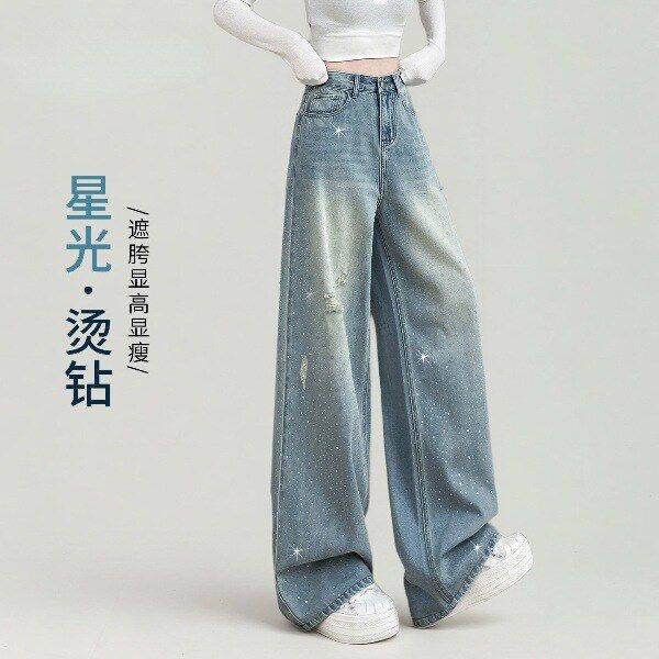 烫钻阔腿裤女2026新款超火带钻满天星春秋裤子高腰宽松直筒牛仔裤