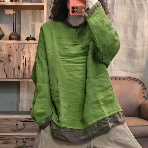 秋冬亚麻双层上衣文艺复古个性潮大码宽松休闲高端品牌假两件套女