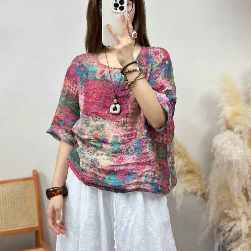 苎麻上衣女文艺范大码宽松休闲碎花炒色做旧麻雀品牌民族风个性潮