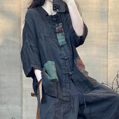 宽松休闲拼接民族风开衫 亚麻砂洗炒色上衣外套文艺复古个性 潮大码