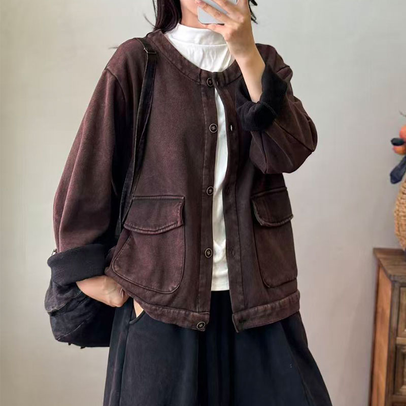 秋冬加绒开衫外套文艺复古个性潮大码宽松休闲民族风做旧棉衣女厚