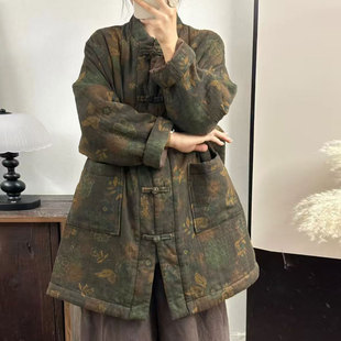 秋冬亚麻棉服中长款大码宽松休闲民族风新中式加厚外套女高级感冬