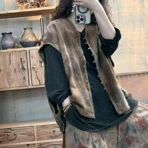 春秋亚麻马甲女款高端品牌文艺复古大码宽松休闲民族风做旧个性潮