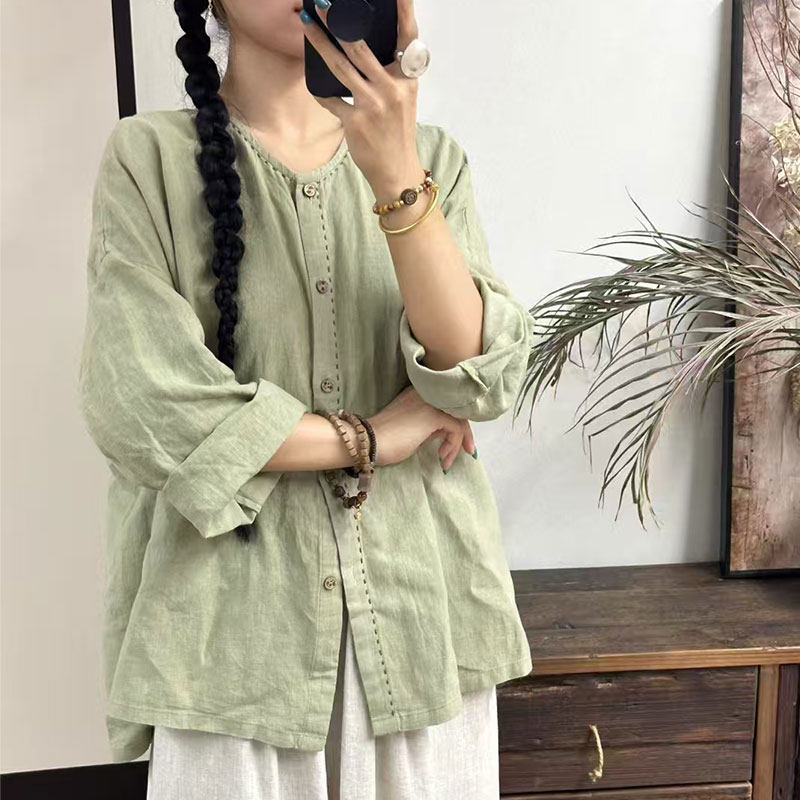春秋纯亚麻上衣文艺复古简约减龄百搭新中式大码宽松休闲开衫外搭